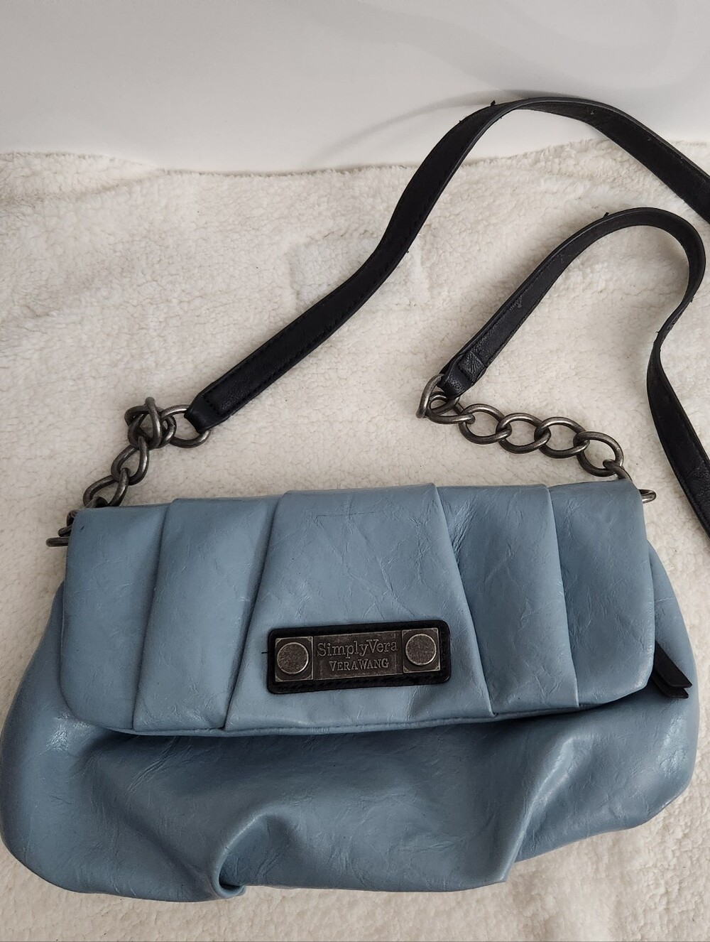 Vera Wang Light Blue Quilted Crossbody Bag with Black Strap